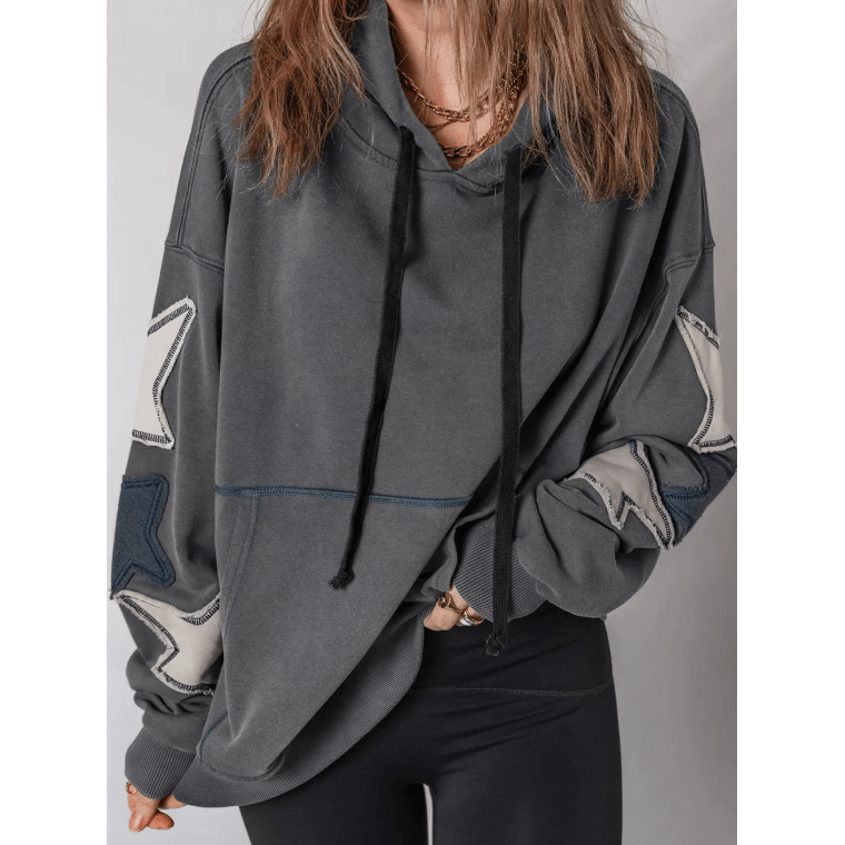 Amarose Grey Star Patchwork Contrast Stitching Mineral Wash Kangaroo Pocket Vintage Hoodie