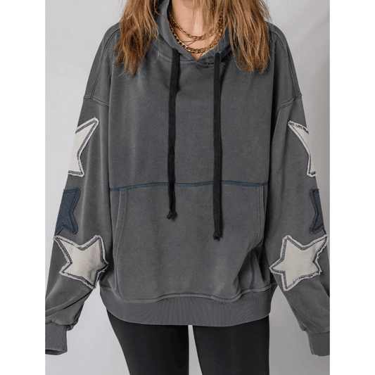 Amarose Grey Star Patchwork Contrast Stitching Mineral Wash Kangaroo Pocket Vintage Hoodie