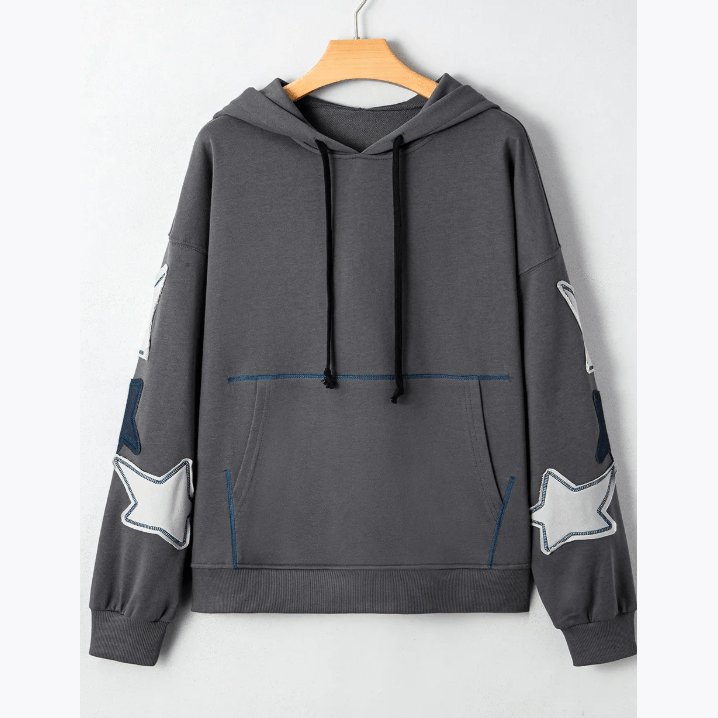 Amarose Grey Star Patchwork Contrast Stitching Mineral Wash Kangaroo Pocket Vintage Hoodie