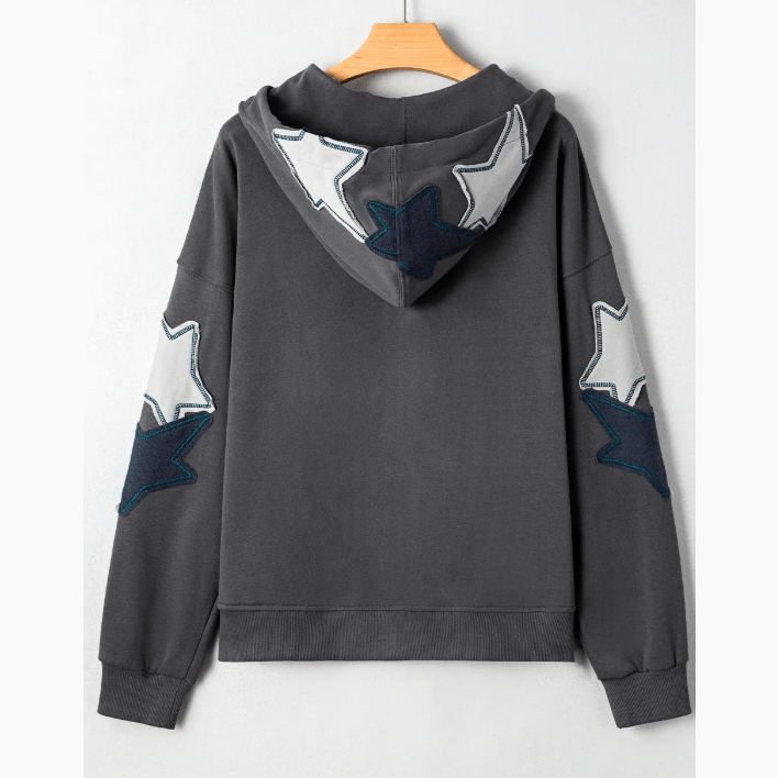 Amarose Grey Star Patchwork Contrast Stitching Mineral Wash Kangaroo Pocket Vintage Hoodie
