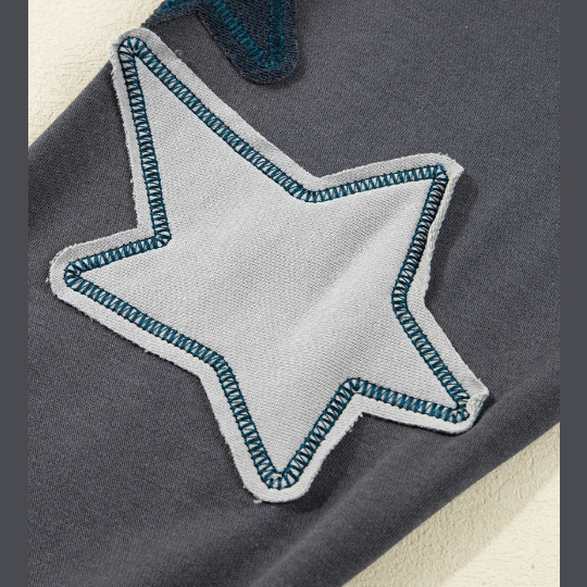 Amarose Grey Star Patchwork Contrast Stitching Mineral Wash Kangaroo Pocket Vintage Hoodie