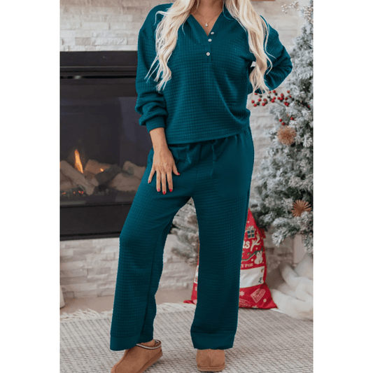 Sophey Waffled Textured Raw Edge Patchwork 2pcs Loose Pant Set