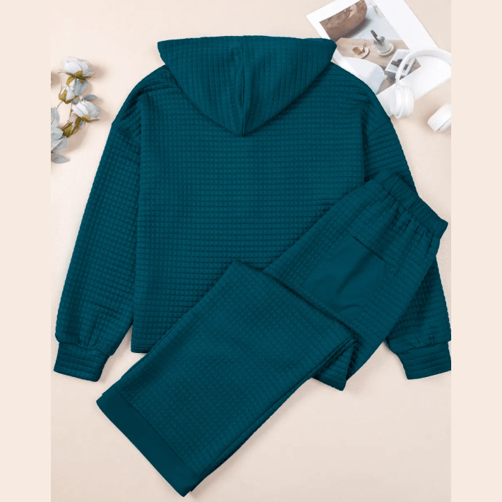 Sophey Waffled Textured Raw Edge Patchwork 2pcs Loose Pant Set