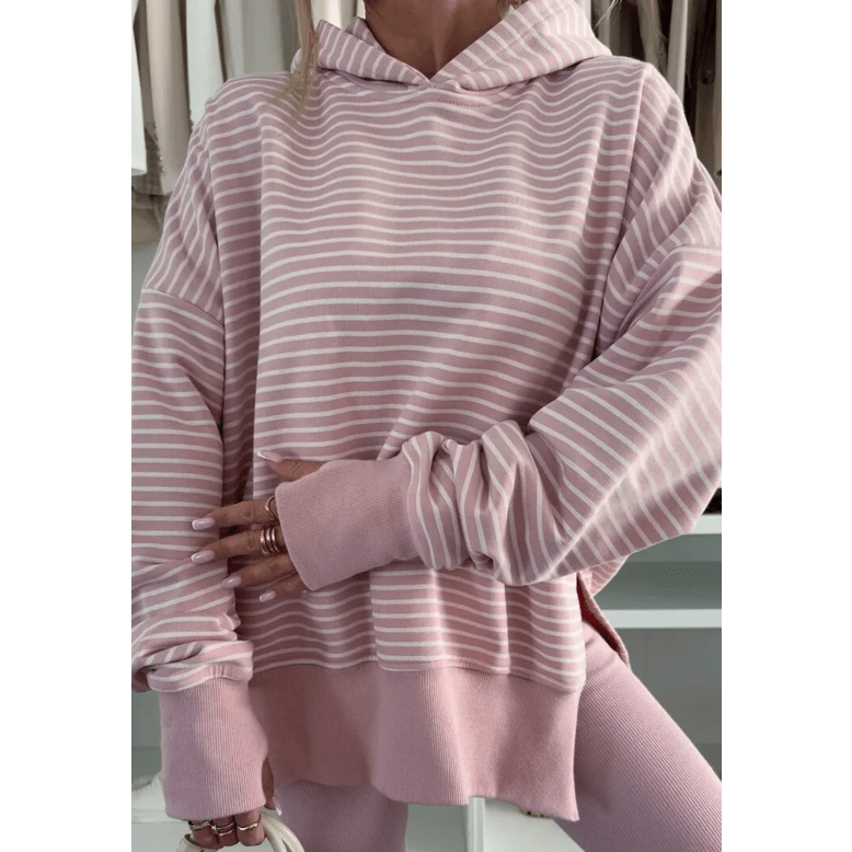 Korie Purple Stripe Thumbhole Side Slits Drop Shoulder Loose Fit Hoodie