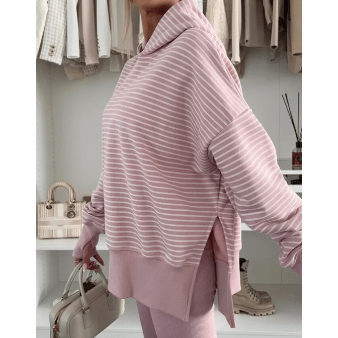 Korie Purple Stripe Thumbhole Side Slits Drop Shoulder Loose Fit Hoodie