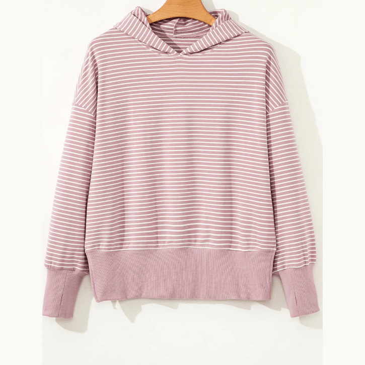 Korie Purple Stripe Thumbhole Side Slits Drop Shoulder Loose Fit Hoodie