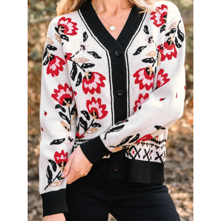 Teresa Off White Floral Print Buttoned Front V Neck Knit Cardigan