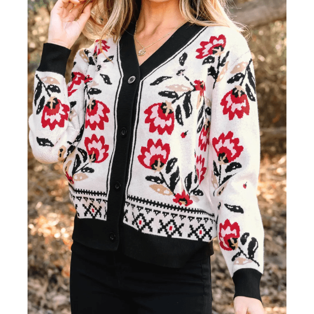 Teresa Off White Floral Print Buttoned Front V Neck Knit Cardigan