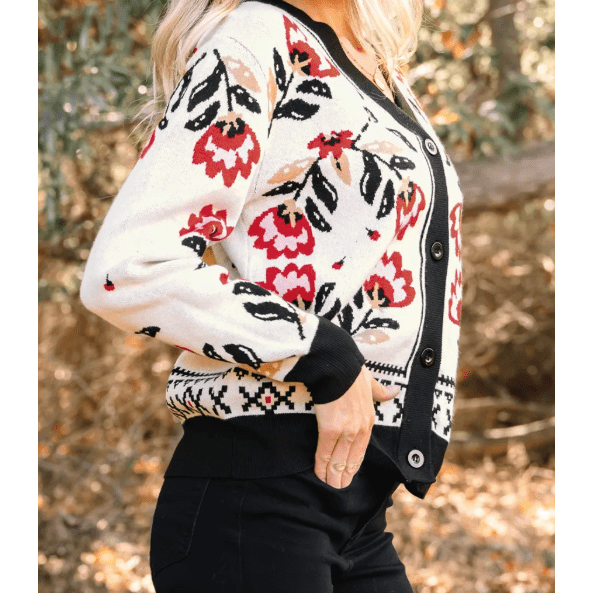 Teresa Off White Floral Print Buttoned Front V Neck Knit Cardigan