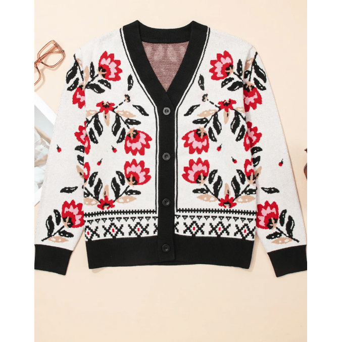 Teresa Off White Floral Print Buttoned Front V Neck Knit Cardigan