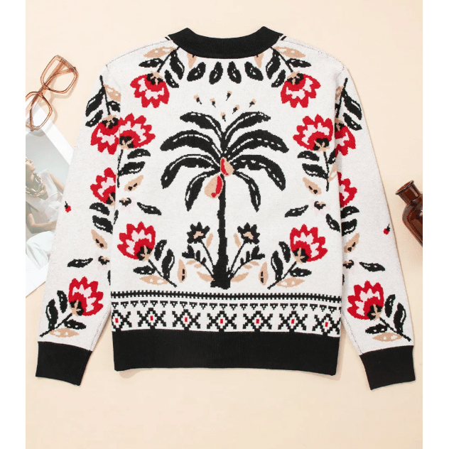 Teresa Off White Floral Print Buttoned Front V Neck Knit Cardigan