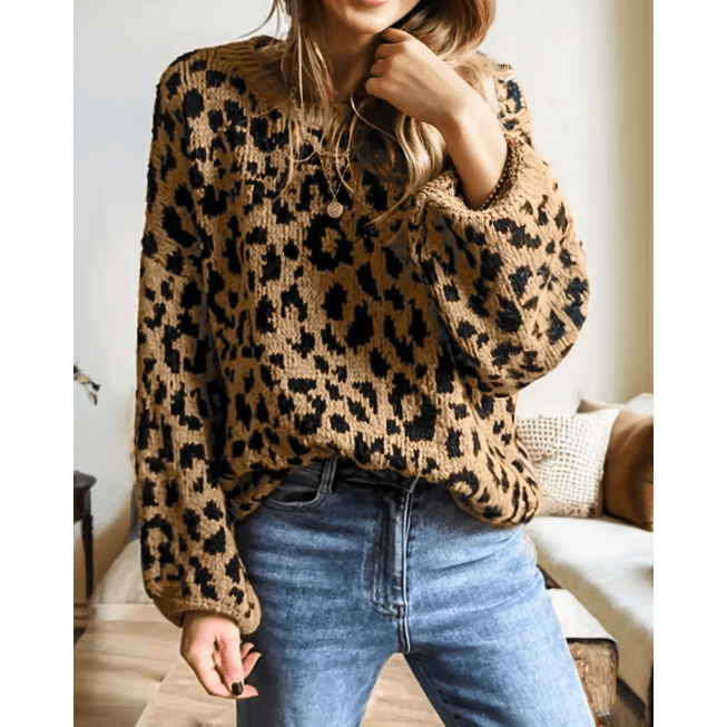 Vilma Light French Beige Ribbed Trim Round Neck Leopard Drop Shoulder Sweater