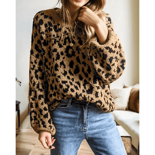 Vilma Light French Beige Ribbed Trim Round Neck Leopard Drop Shoulder Sweater