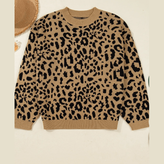 Vilma Light French Beige Ribbed Trim Round Neck Leopard Drop Shoulder Sweater