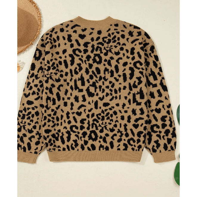 Vilma Light French Beige Ribbed Trim Round Neck Leopard Drop Shoulder Sweater