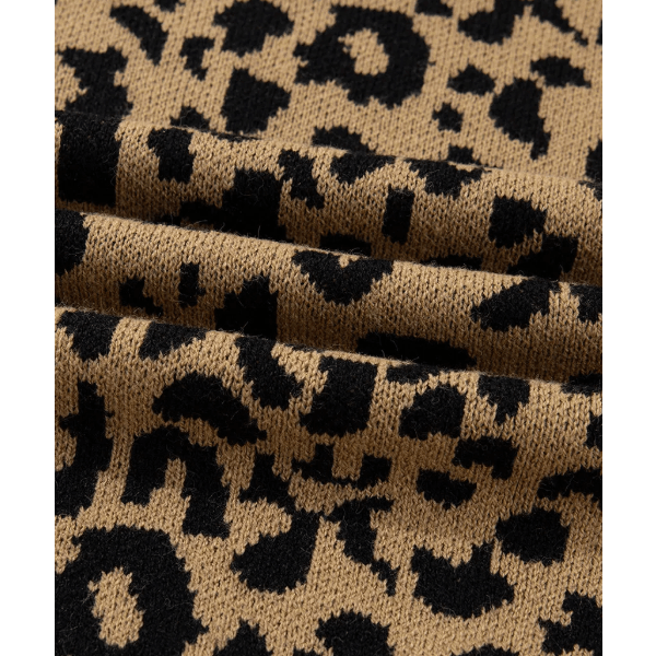 Vilma Light French Beige Ribbed Trim Round Neck Leopard Drop Shoulder Sweater