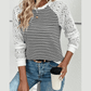Yvette Black Stripe Textured Knit Contrast Hollowed Lace Patchwork Long Sleeve Top