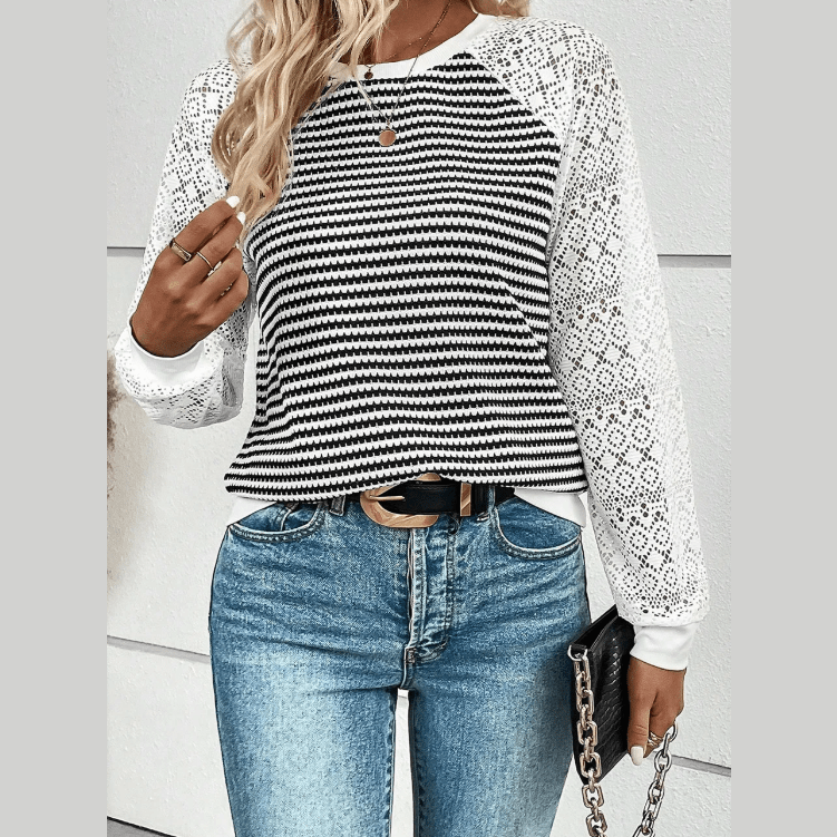 Yvette Black Stripe Textured Knit Contrast Hollowed Lace Patchwork Long Sleeve Top