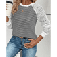 Yvette Black Stripe Textured Knit Contrast Hollowed Lace Patchwork Long Sleeve Top