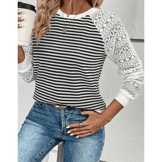 Yvette Black Stripe Textured Knit Contrast Hollowed Lace Patchwork Long Sleeve Top