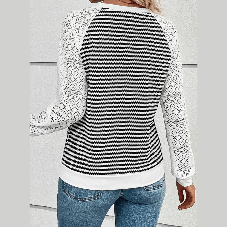 Yvette Black Stripe Textured Knit Contrast Hollowed Lace Patchwork Long Sleeve Top