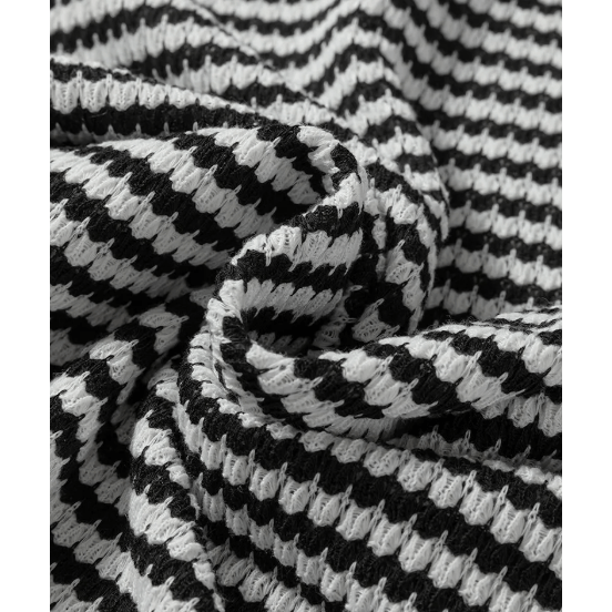 Yvette Black Stripe Textured Knit Contrast Hollowed Lace Patchwork Long Sleeve Top