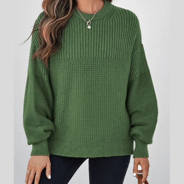 Zoel Vineyard Green Mixed Textured Knitted Crew Neck Sweater