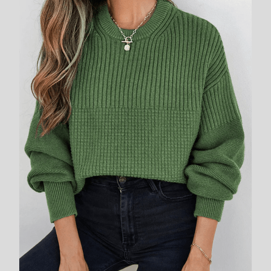Zoel Vineyard Green Mixed Textured Knitted Crew Neck Sweater