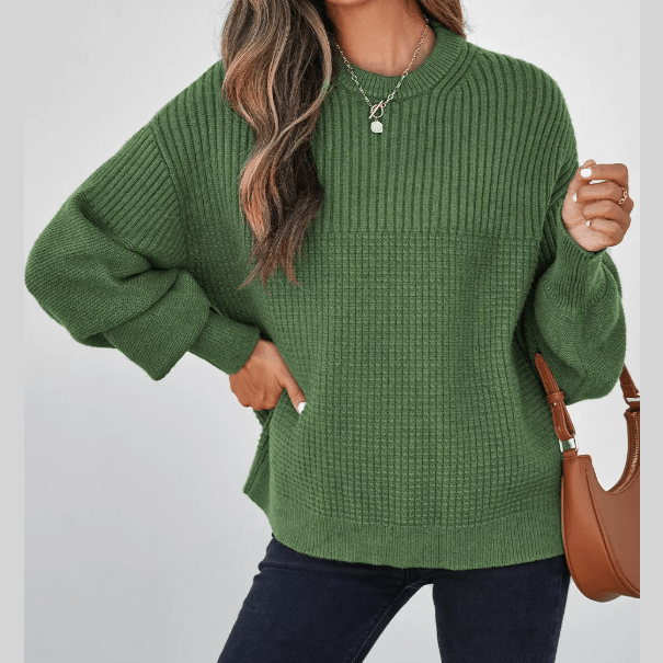Zoel Vineyard Green Mixed Textured Knitted Crew Neck Sweater