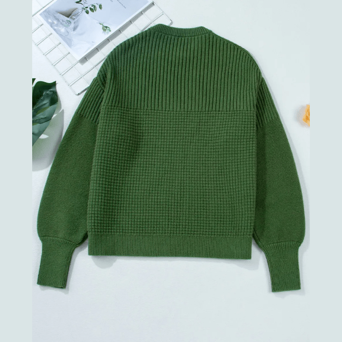 Zoel Vineyard Green Mixed Textured Knitted Crew Neck Sweater