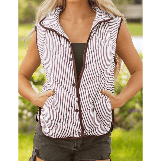 Nycole Brown Stripe Contrast Trim Snap Button Collared Winter Vest