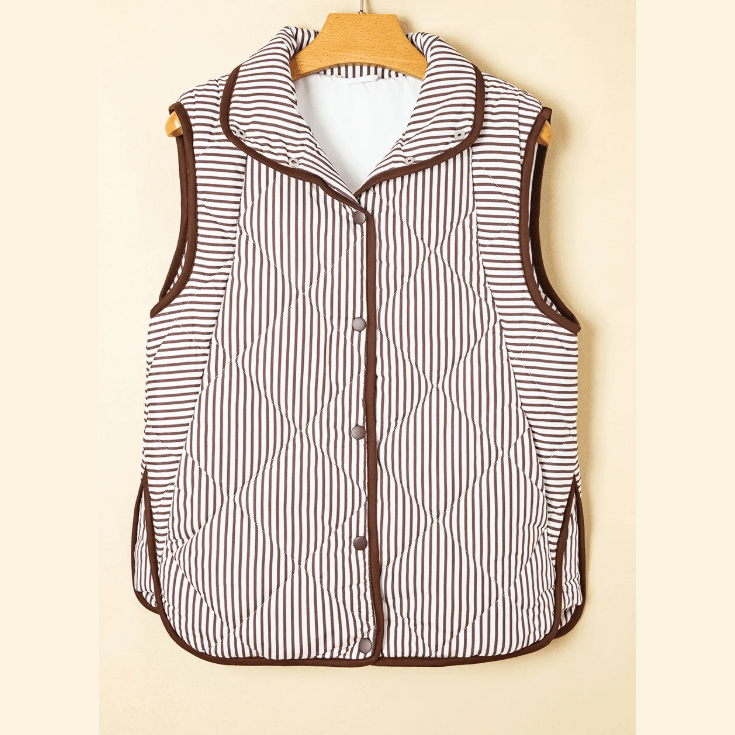 Nycole Brown Stripe Contrast Trim Snap Button Collared Winter Vest