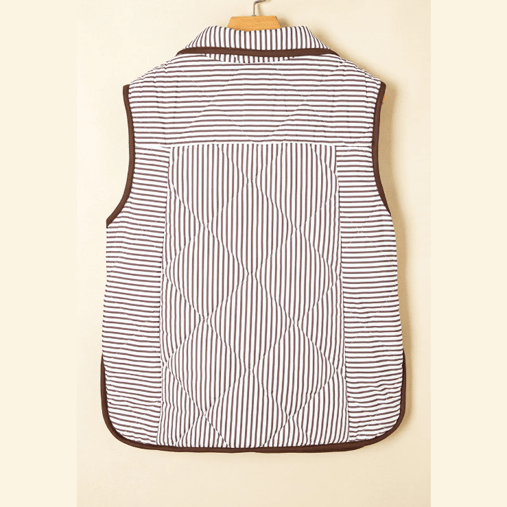 Nycole Brown Stripe Contrast Trim Snap Button Collared Winter Vest