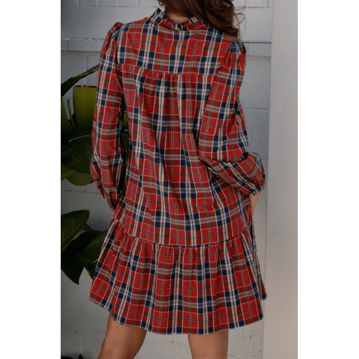 Diondra Red Plaid Print Frilly Collar Long Sleeve Shift Mini Dress