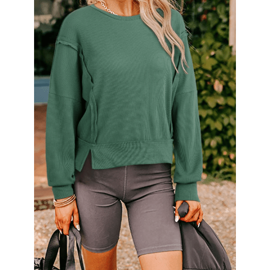 Clydie Evergreen Raw Seam Patchwork Ribbed Drop Shoulder Sweatshirt