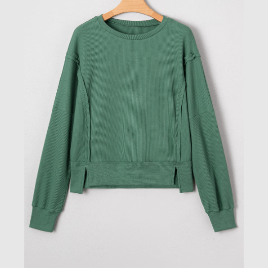 Clydie Evergreen Raw Seam Patchwork Ribbed Drop Shoulder Sweatshirt