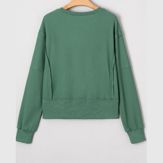 Clydie Evergreen Raw Seam Patchwork Ribbed Drop Shoulder Sweatshirt