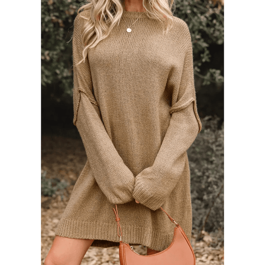 Eva Pale Khaki Oversize Drop Shoulder Slouchy Sweater Dress