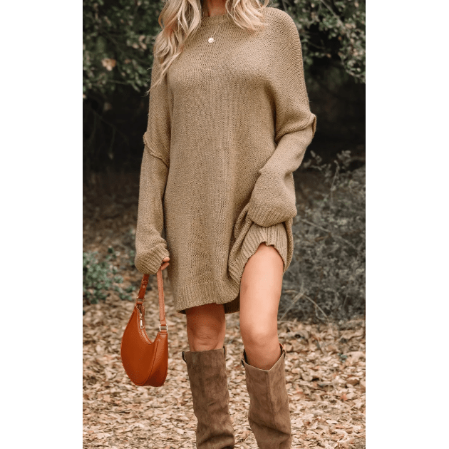 Eva Pale Khaki Oversize Drop Shoulder Slouchy Sweater Dress