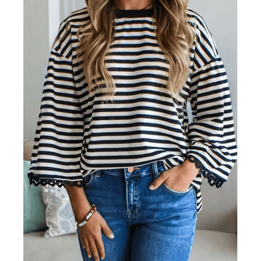 Ginger Black Striped Print Drop Shoulder Lace Trim Bracelet Sleeve Loose Top