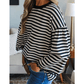 Ginger Black Striped Print Drop Shoulder Lace Trim Bracelet Sleeve Loose Top
