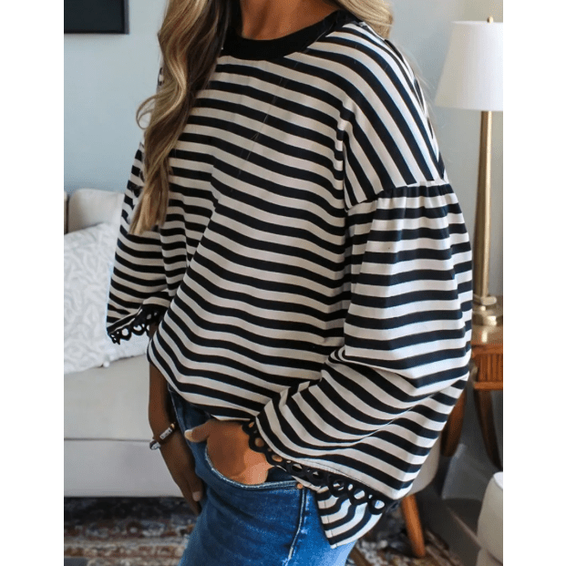 Ginger Black Striped Print Drop Shoulder Lace Trim Bracelet Sleeve Loose Top