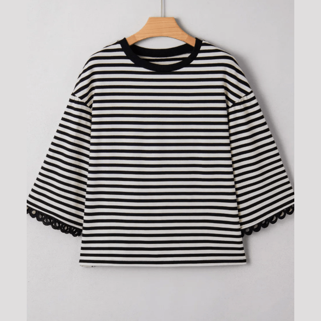 Ginger Black Striped Print Drop Shoulder Lace Trim Bracelet Sleeve Loose Top