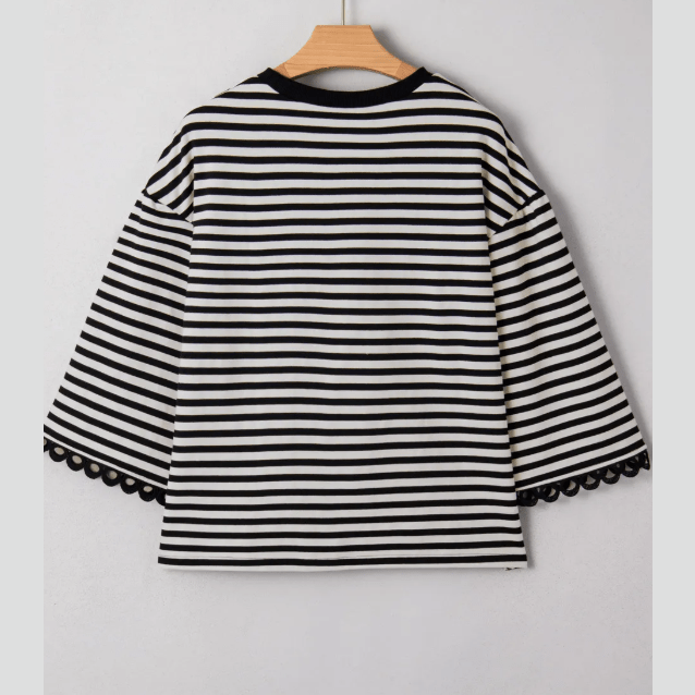 Ginger Black Striped Print Drop Shoulder Lace Trim Bracelet Sleeve Loose Top