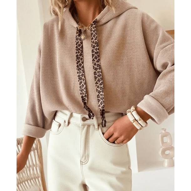 Hallie Dark Khaki Thermal Textured Leopard Drawstring Baggy Hoodie