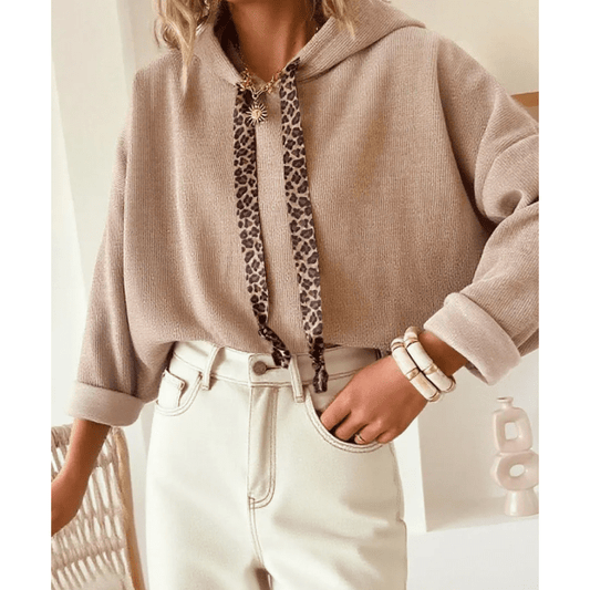 Hallie Dark Khaki Thermal Textured Leopard Drawstring Baggy Hoodie