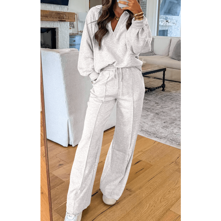 Ingrid Light Grey Polo Collar V Neck Pullover and Drawstring Sweatpants Set
