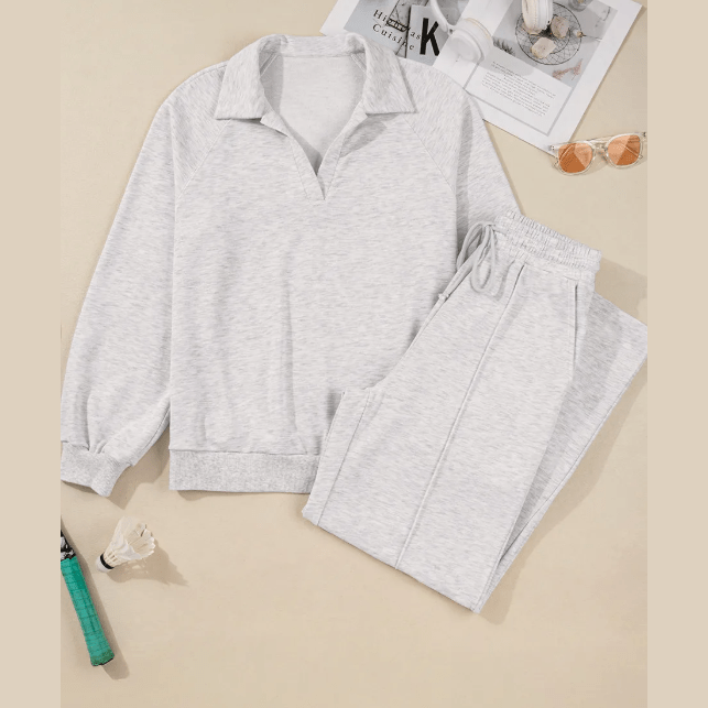Ingrid Light Grey Polo Collar V Neck Pullover and Drawstring Sweatpants Set