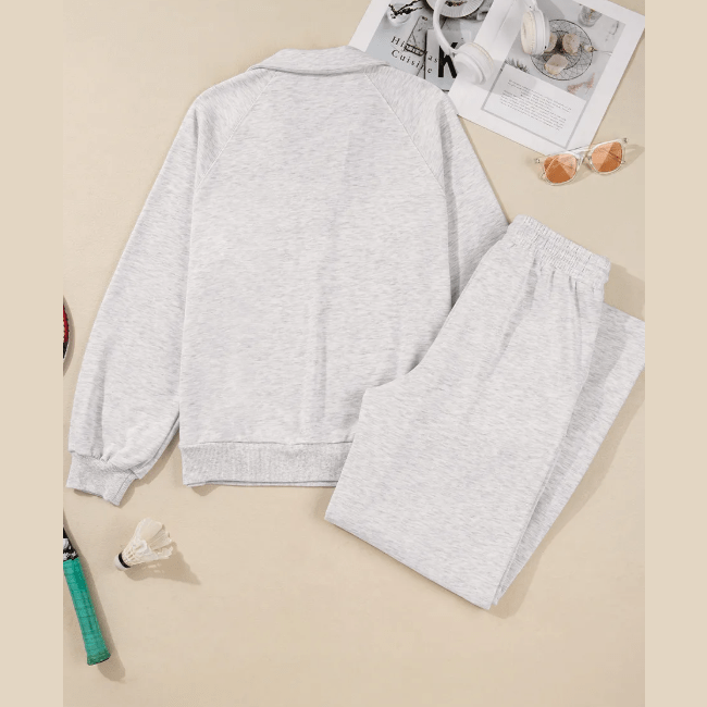 Ingrid Light Grey Polo Collar V Neck Pullover and Drawstring Sweatpants Set