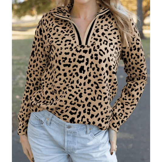 Alessa Leopard Polo Collar V Neck Pullover Top